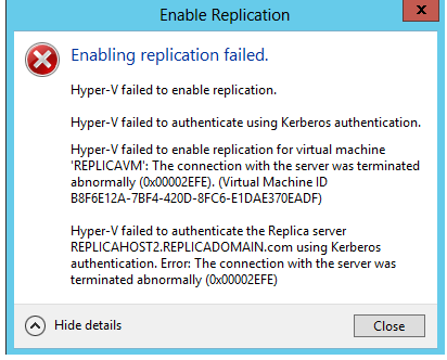 Hyper-v failed to enable replication using kerberos authentication